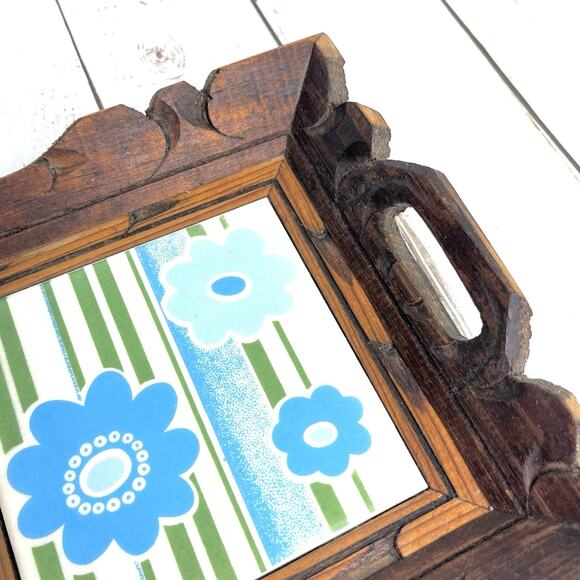 Vintage Rustic Hand Carved Wood Serving Tray with Retro Ceramic Flower Tiles 13" - Picture 6 of 11